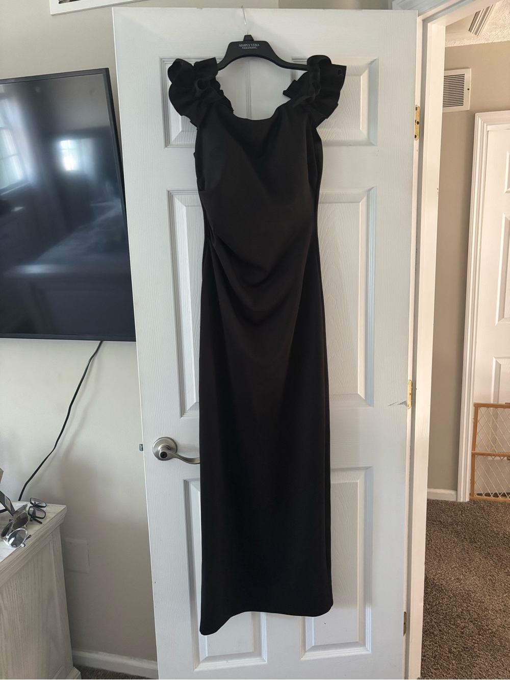 Xscape Black Ruffle-Shoulder Maxi Dress